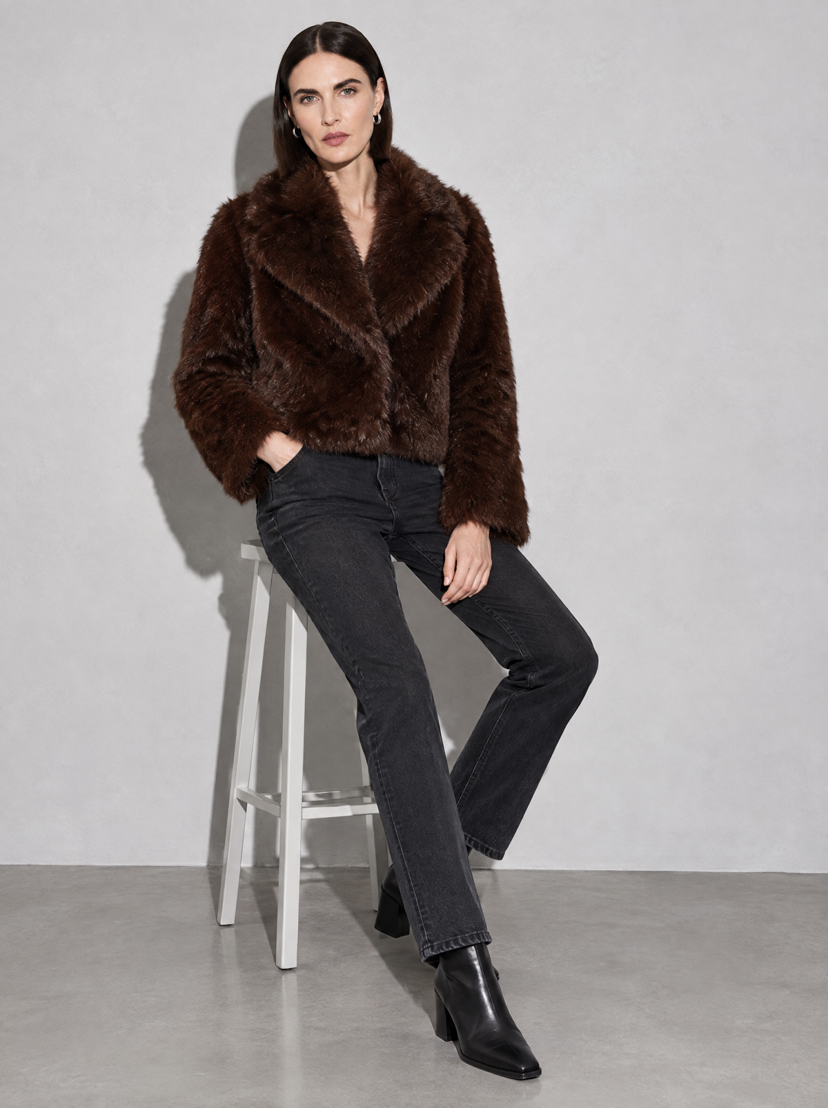 Women's Jacket Faux Fur Shawl Collar Cropped — Dark Brown — seated or lean