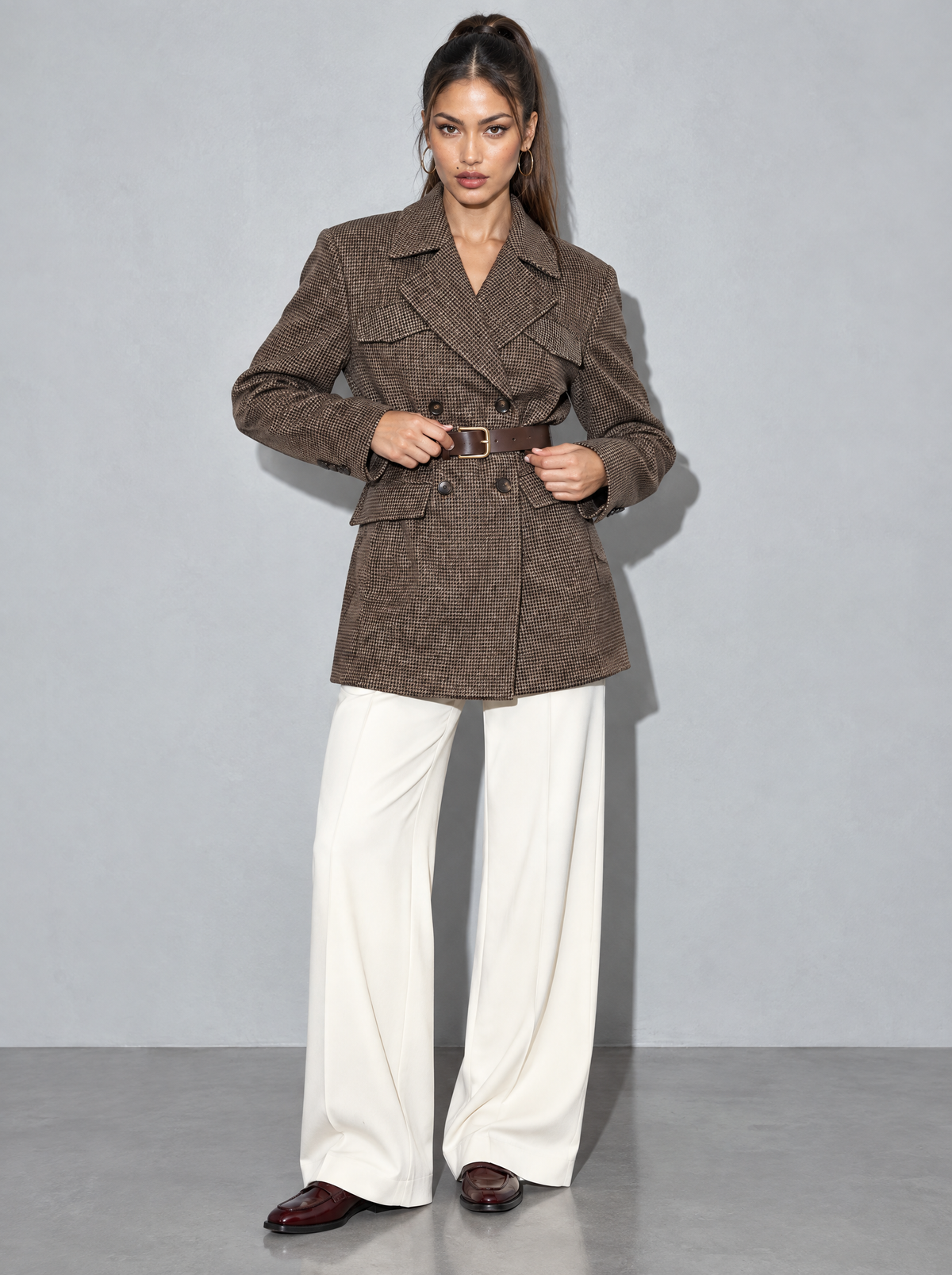Women's Coat Tweed Double Breasted Belted — Brown — adjusting