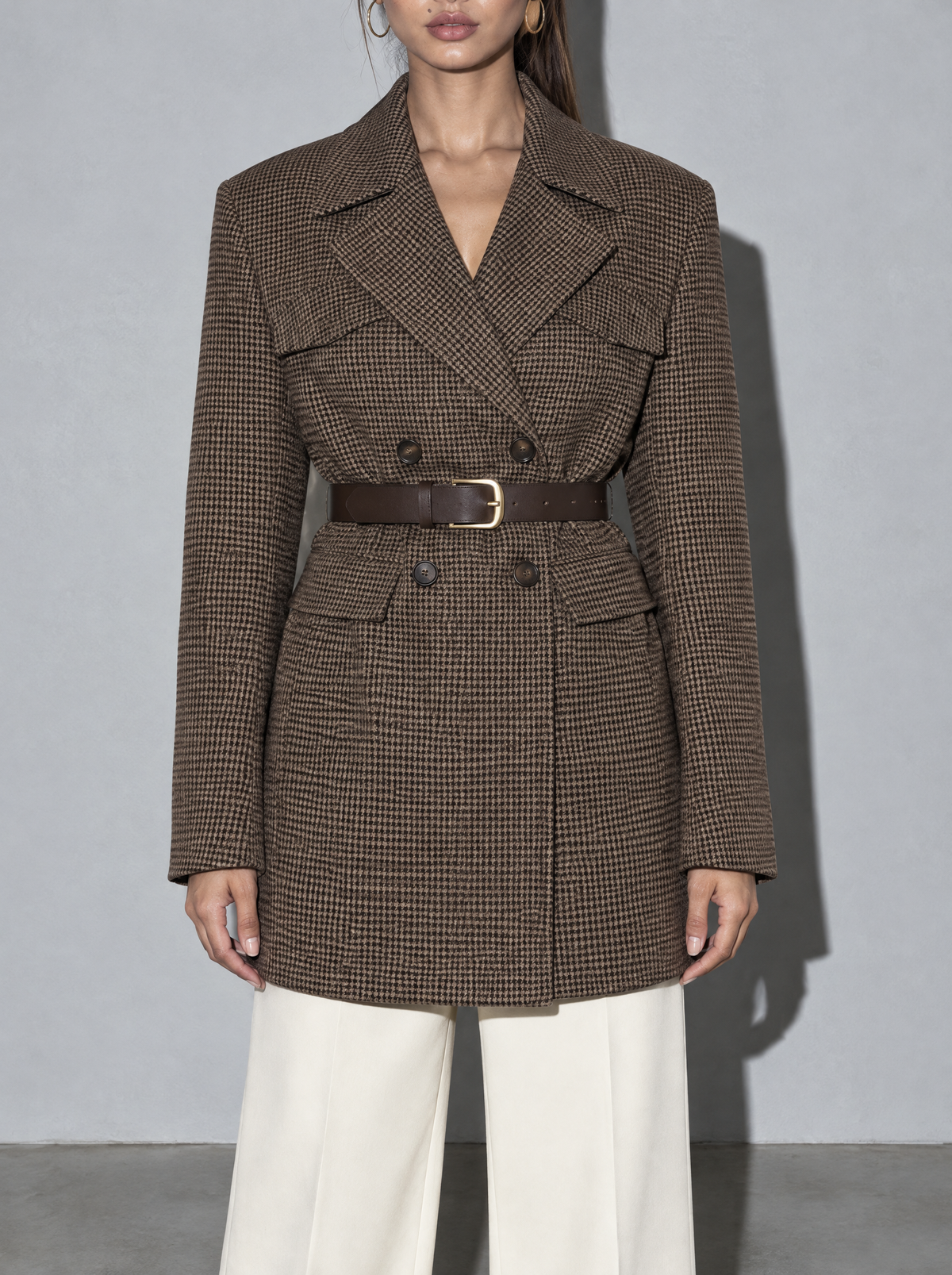 Women's Coat Tweed Double Breasted Belted — Brown — bust to thigh