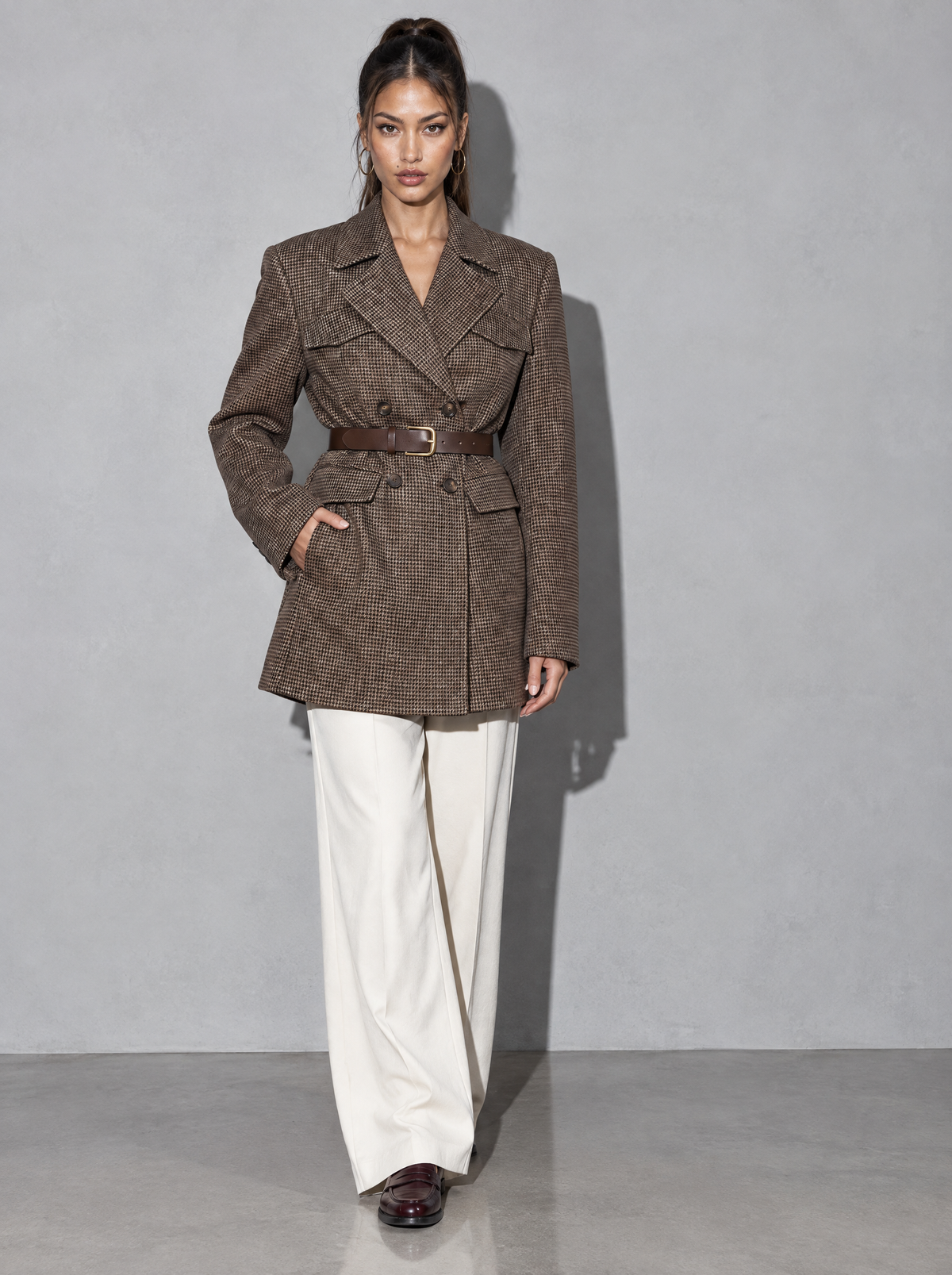 Women's Coat Tweed Double Breasted Belted — Brown — main