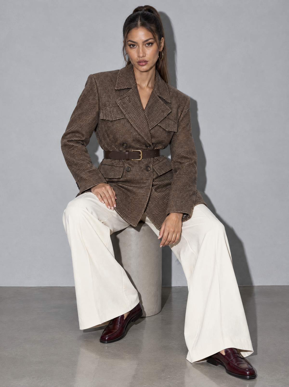 Women's Coat Tweed Double Breasted Belted — Brown — seated or lean