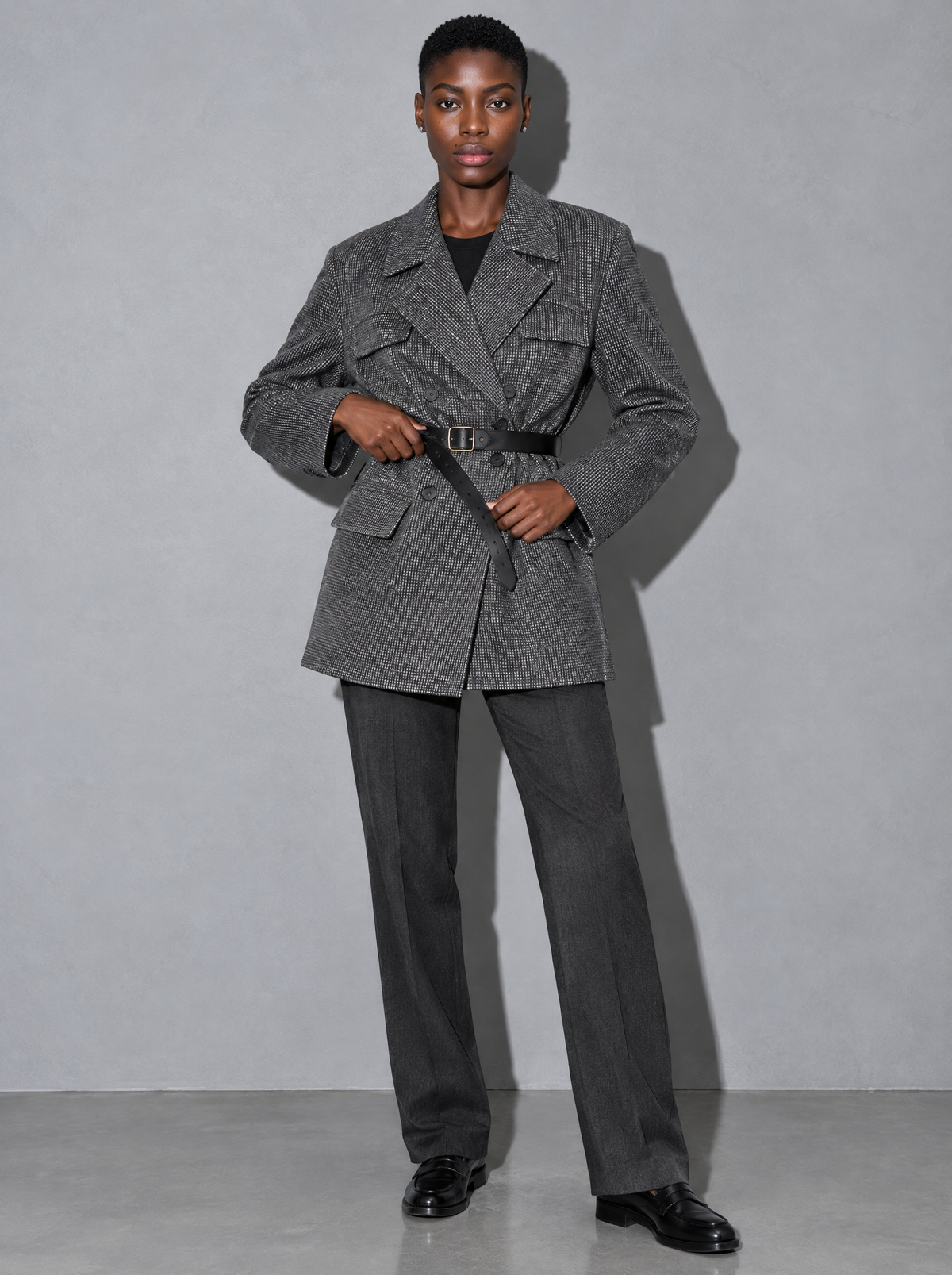 Women's Coat Tweed Double Breasted Belted — Grey — adjusting