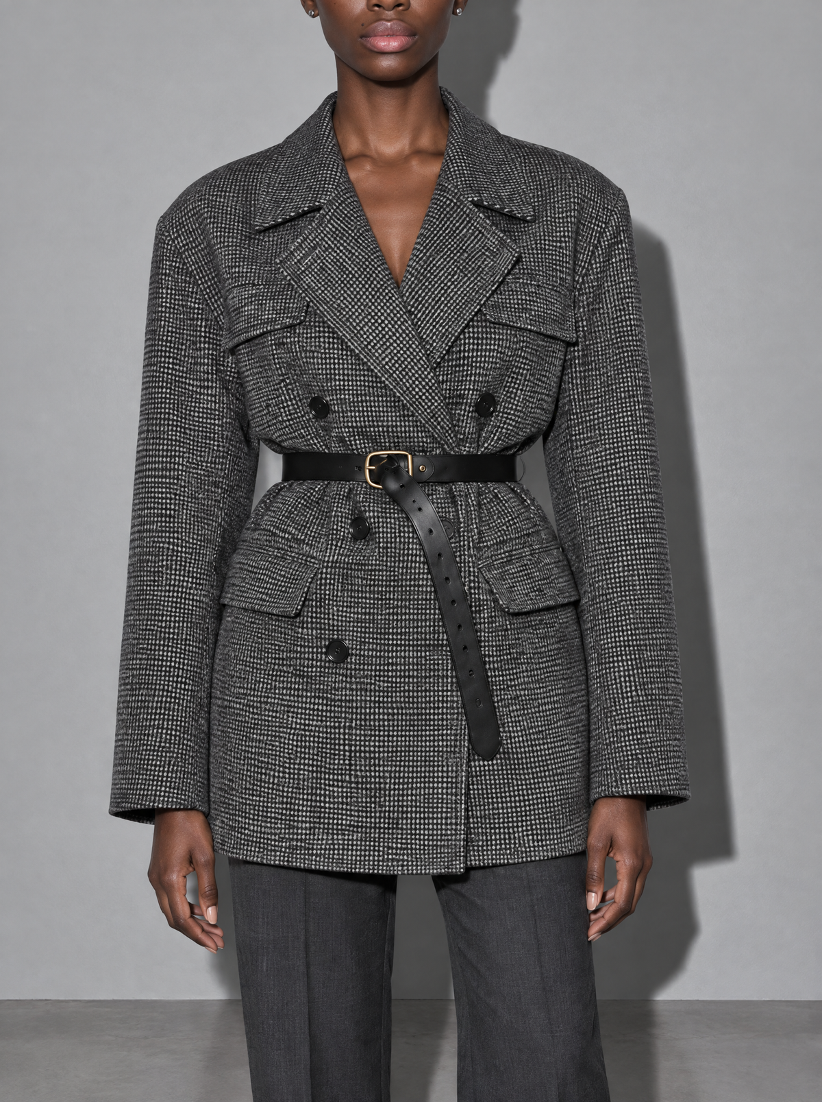 Women's Coat Tweed Double Breasted Belted — Grey — bust to thigh
