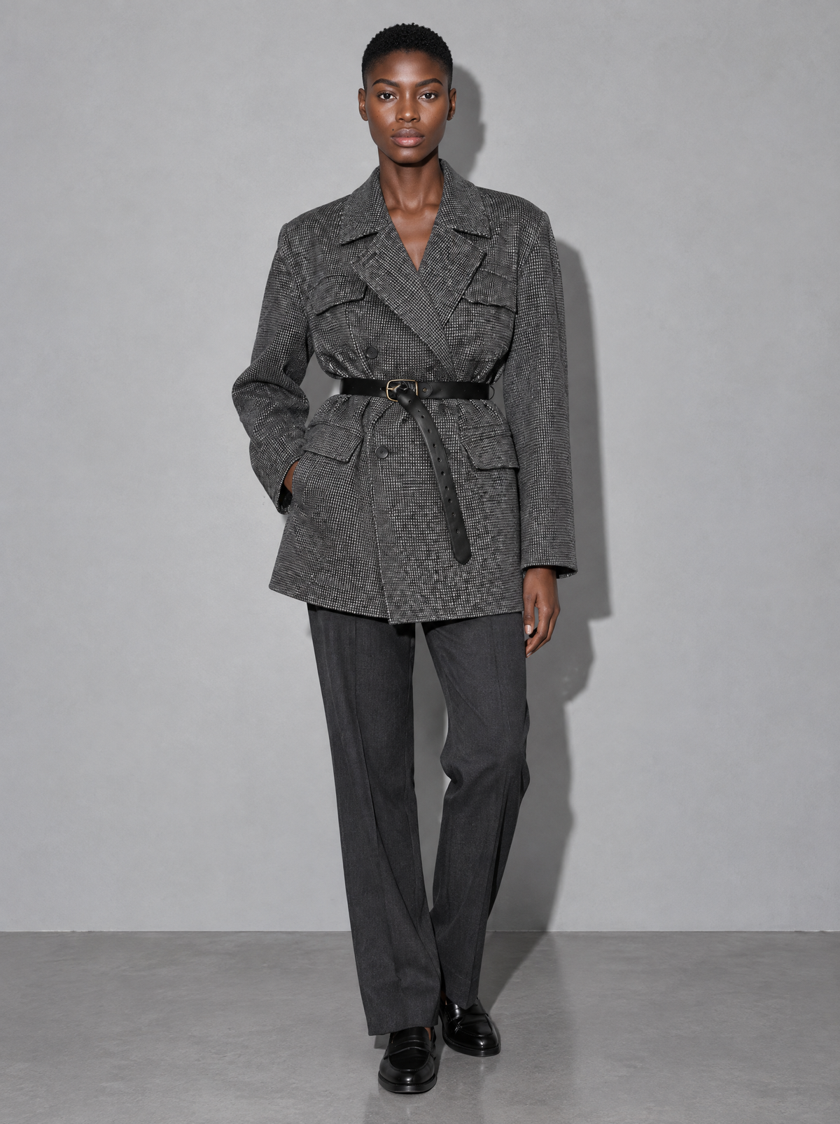 Women's Coat Tweed Double Breasted Belted — Grey — main