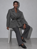 Women's Coat Tweed Double Breasted Belted — Grey — seated or lean