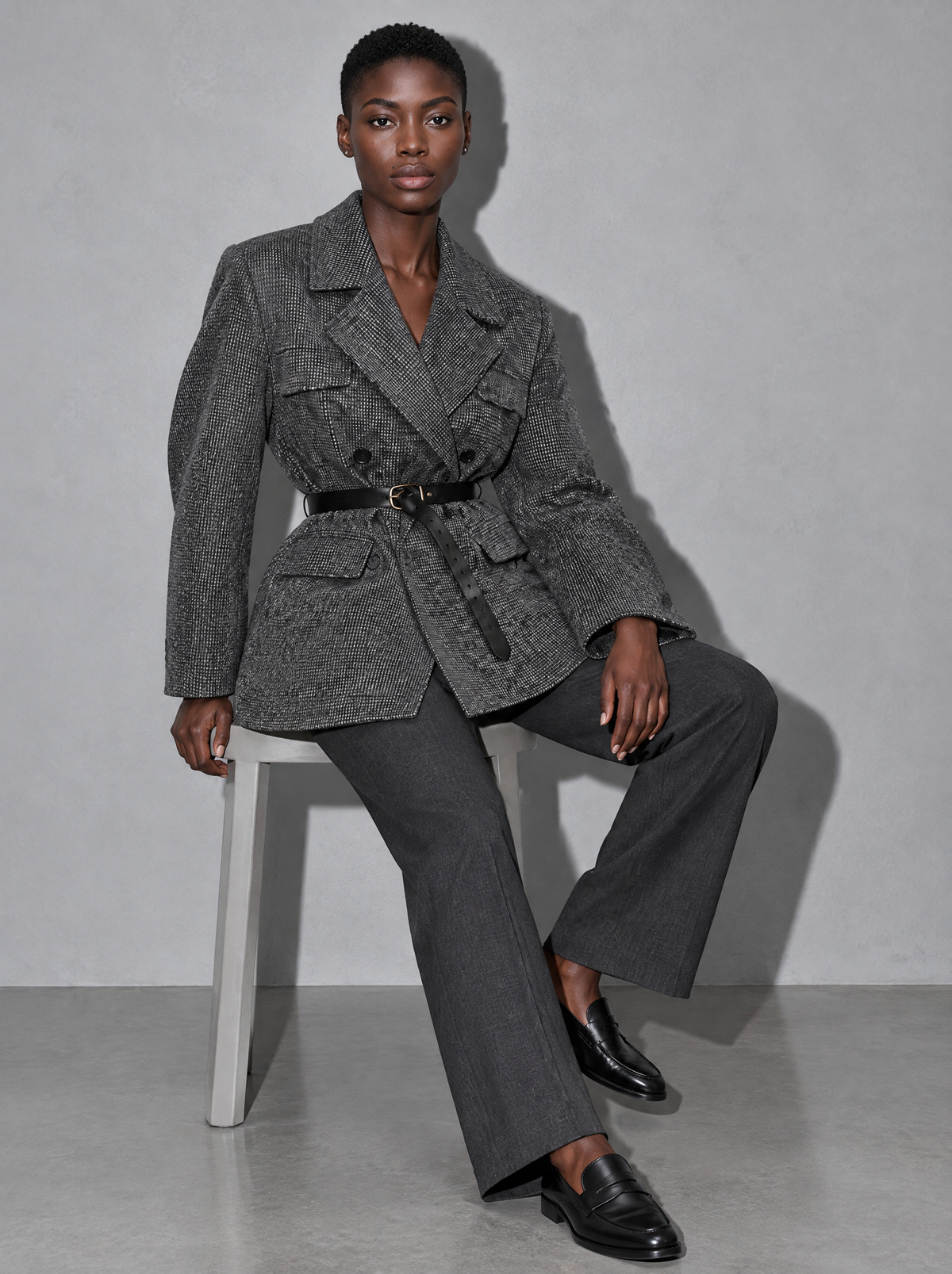 Women's Coat Tweed Double Breasted Belted — Grey — seated or lean