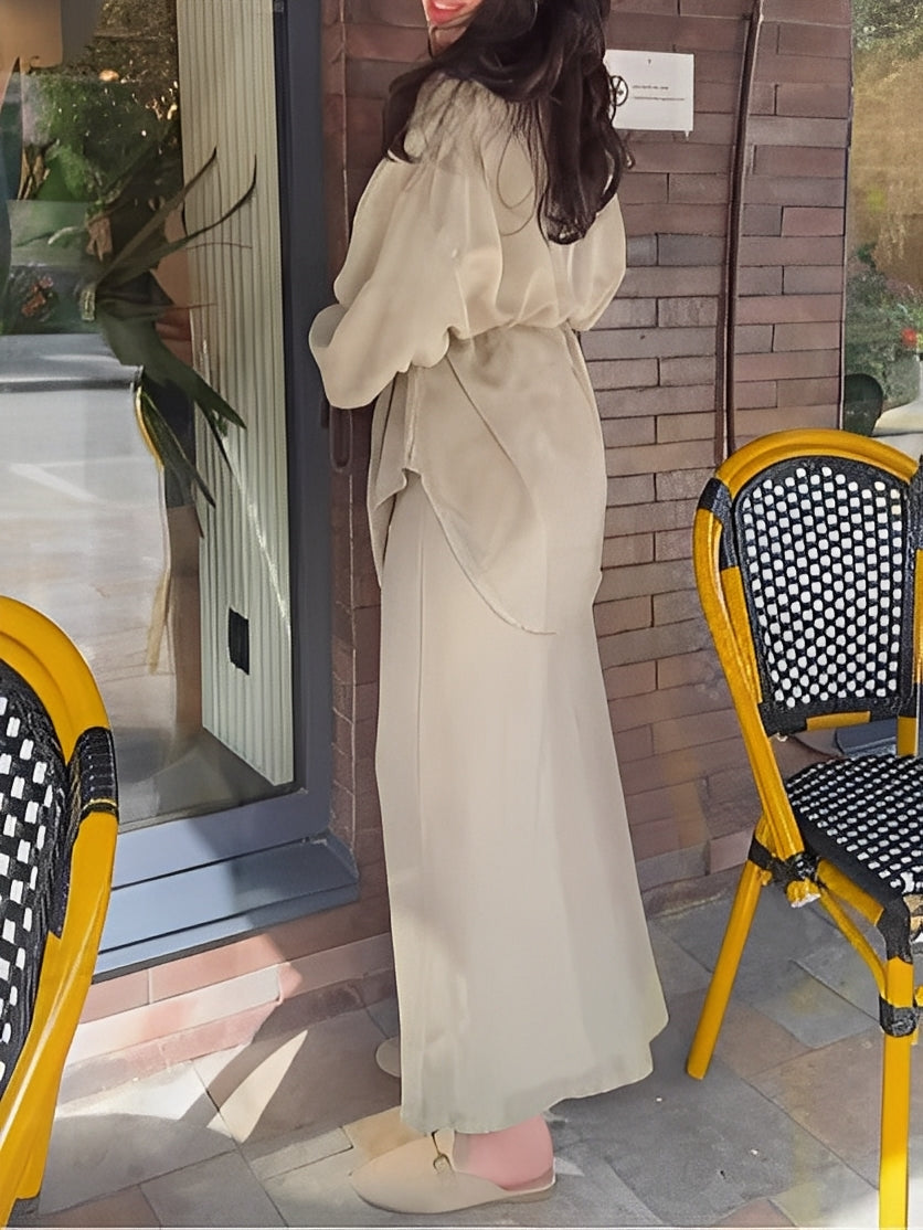 Women's Clothing Set with Long-Sleeved Tie-Drawstring Shirt and Skirt