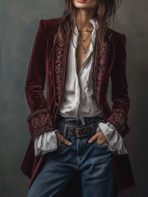 Women's Velvet Embroidered Long Jacket