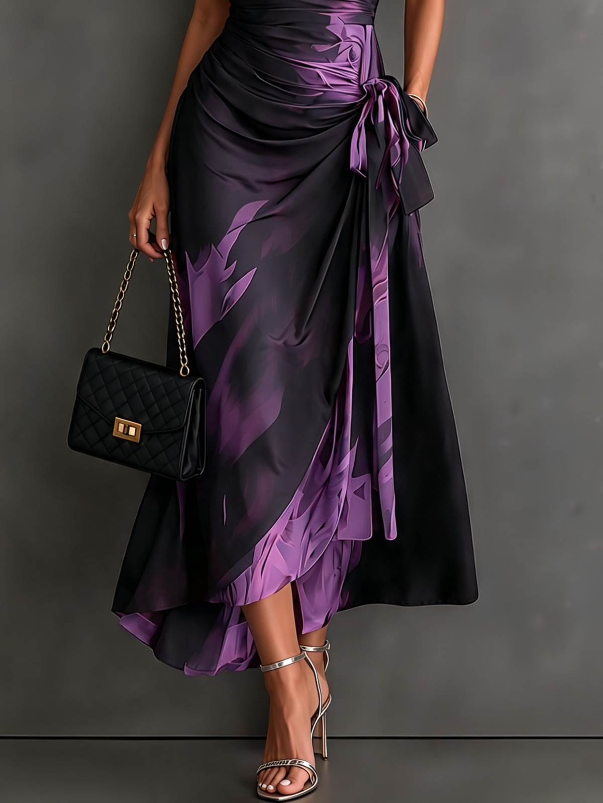 Women's Wrap Midi Dress with Abstract Print and Shirt Collar
