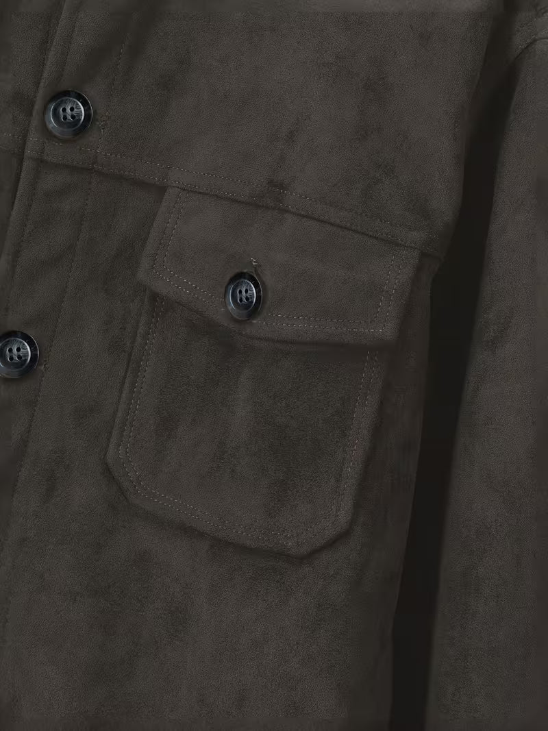 Men's Suede-Look Jacket with Stand Collar and Front Pockets