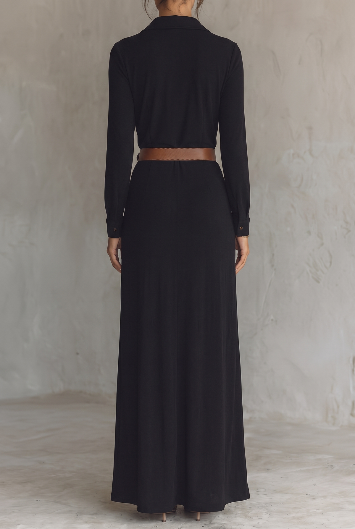 Women's Single-Breasted Maxi Dress with Lapel, Belt & Long Sleeves