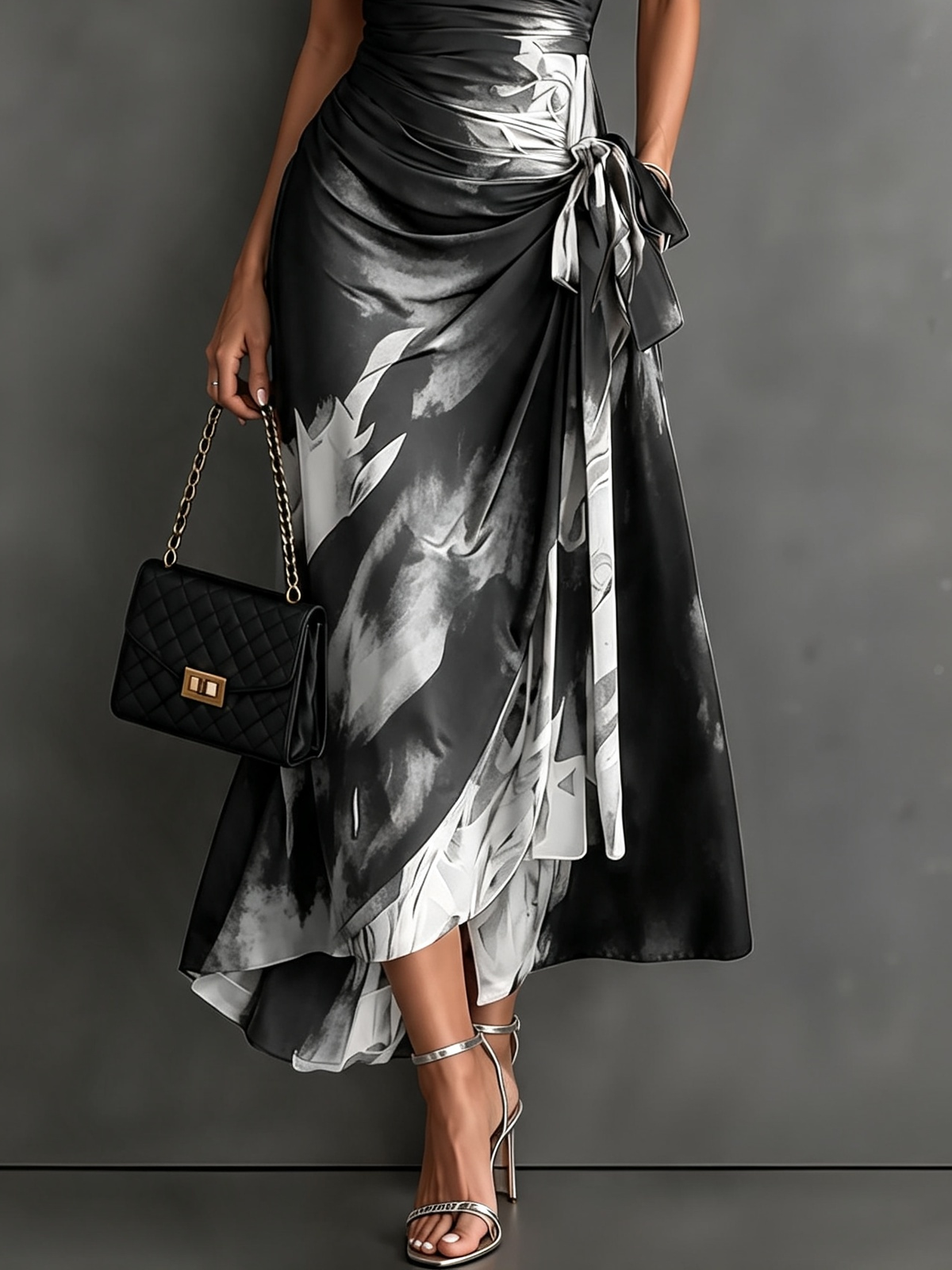 Women's Wrap Midi Dress with Abstract Print and Shirt Collar