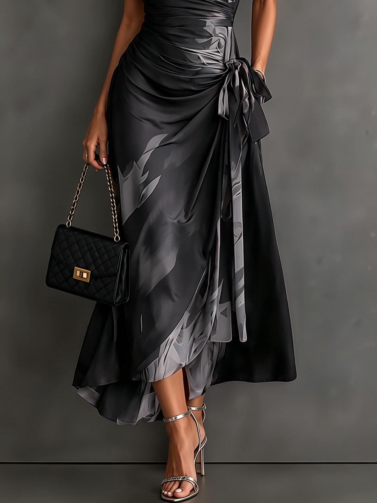 Women's Wrap Midi Dress with Abstract Print and Shirt Collar