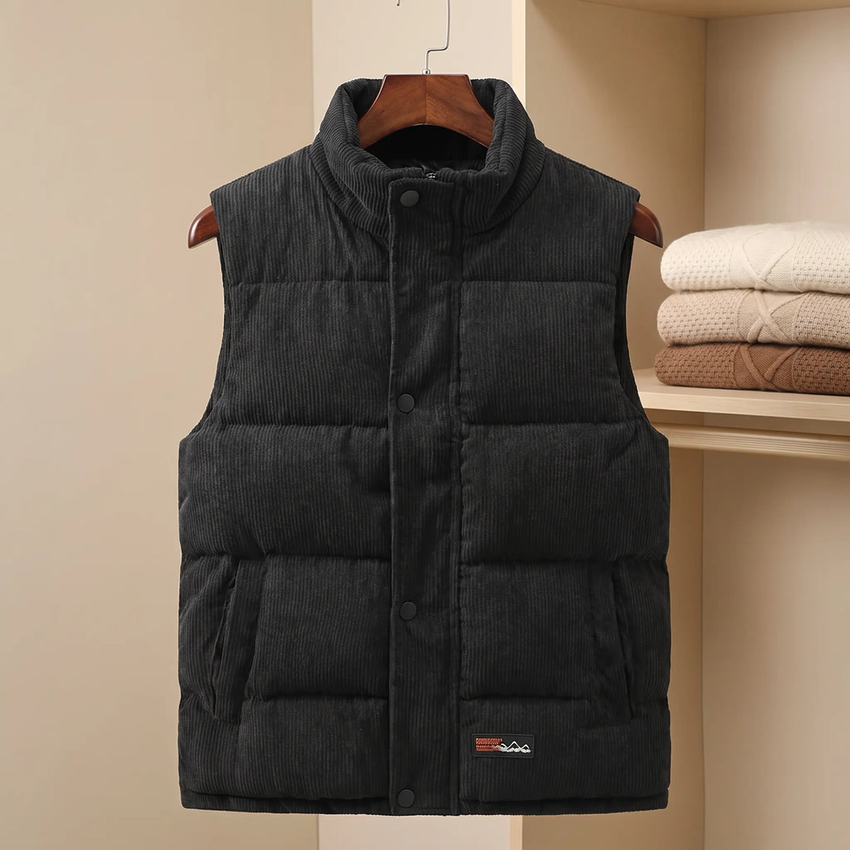 Unisex Corduroy Puffer Vest with Stand Collar