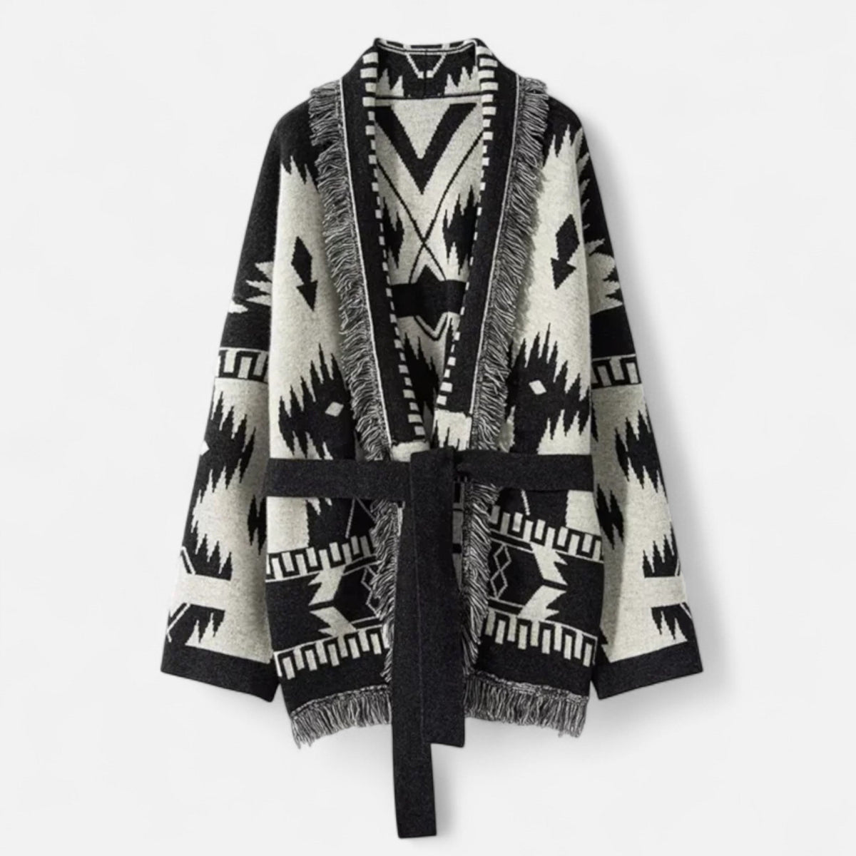 Women's Cardigan with Cashmere, Jacquard Details and Tassels