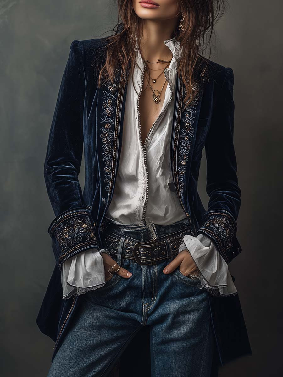Women's Velvet Embroidered Long Jacket