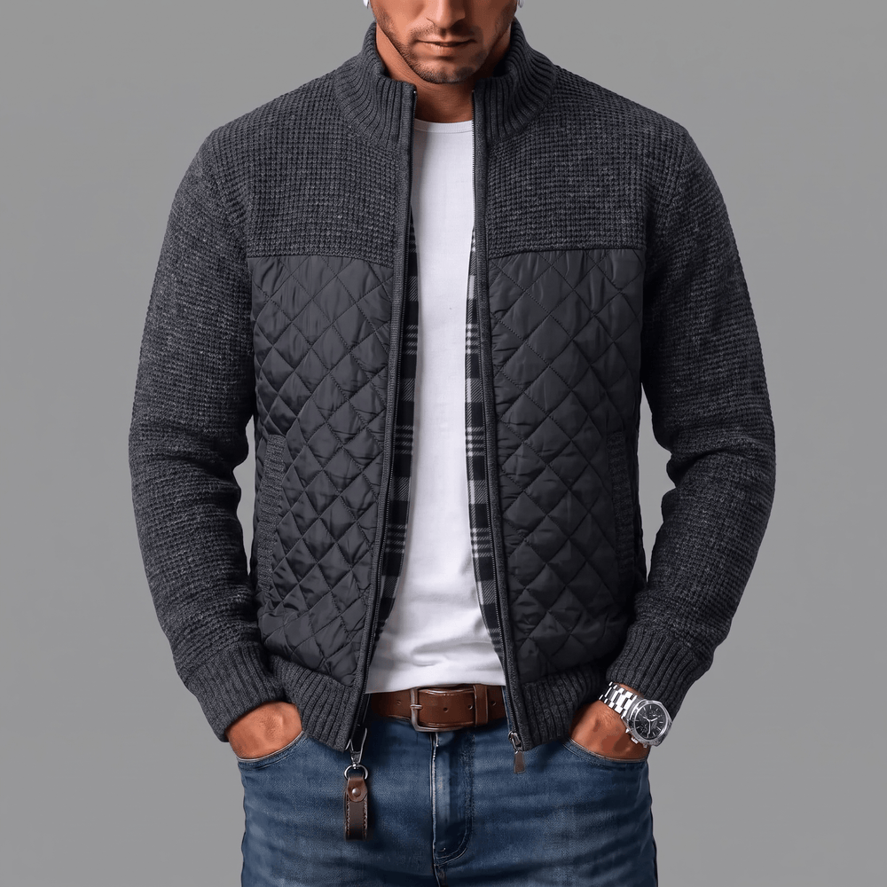 Men's Cardigan with Quilted Front Panels and Full-Zip Closure