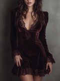 Women's Burgundy Velvet Lace-Trimmed V-Neck Mini Dress