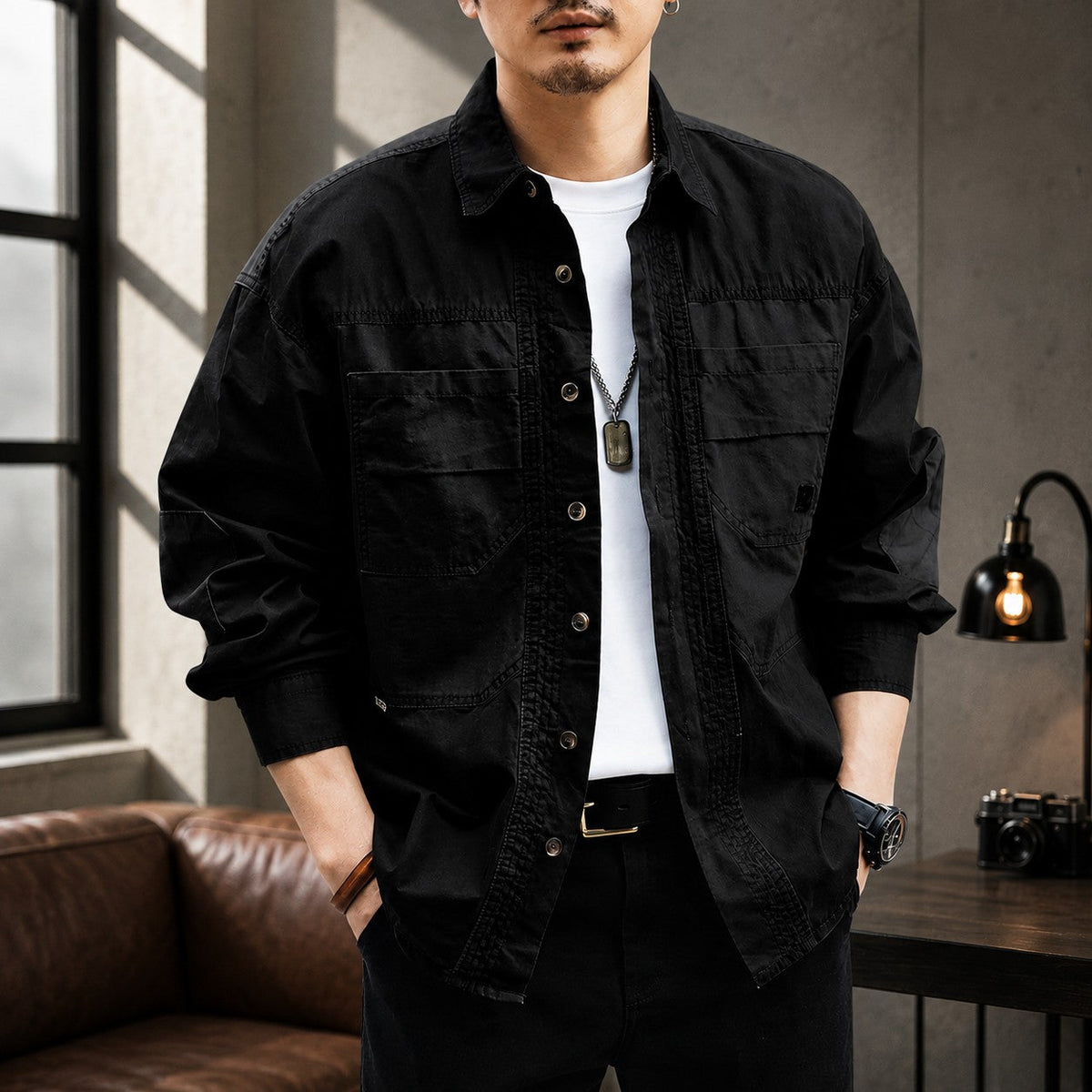 Unisex Overshirt Jacket with Loose Fit and Utility Pockets