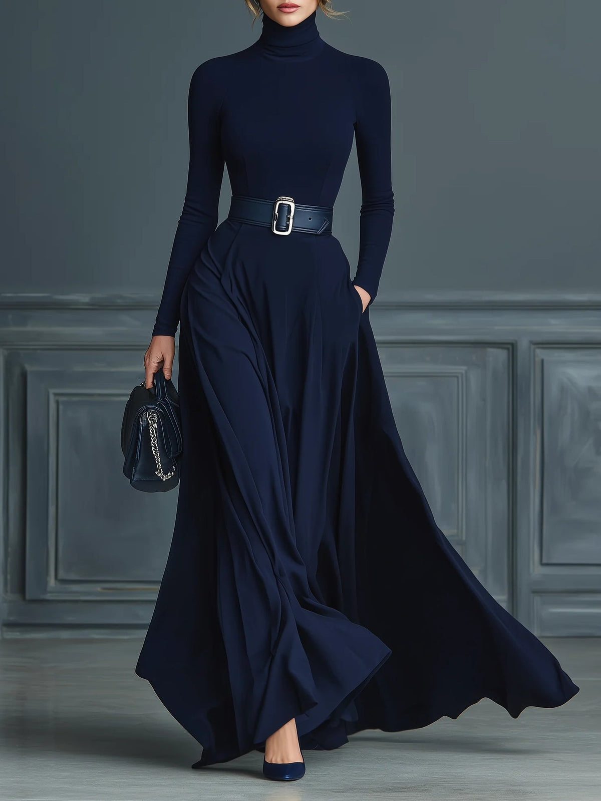 Women's Knitted High-Neck Floor-Length Dress