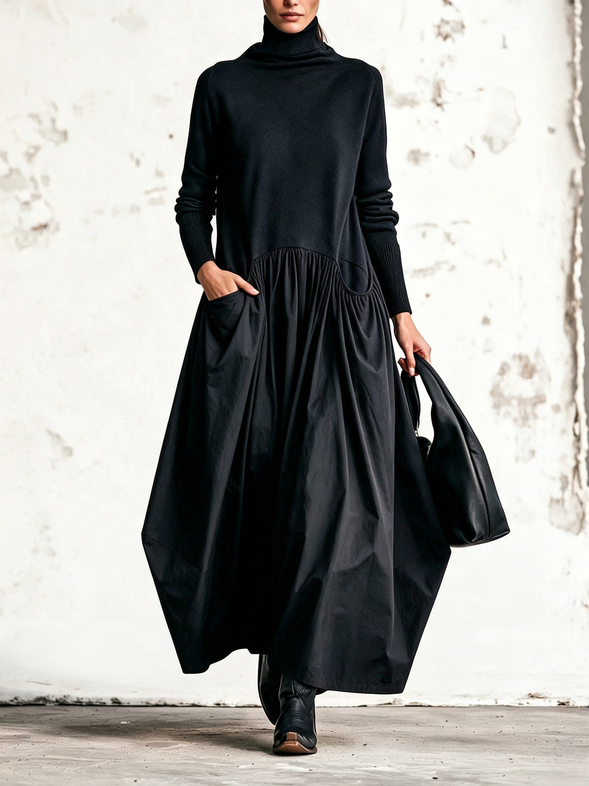 Women's Maxi Dress with High Neck and Pockets