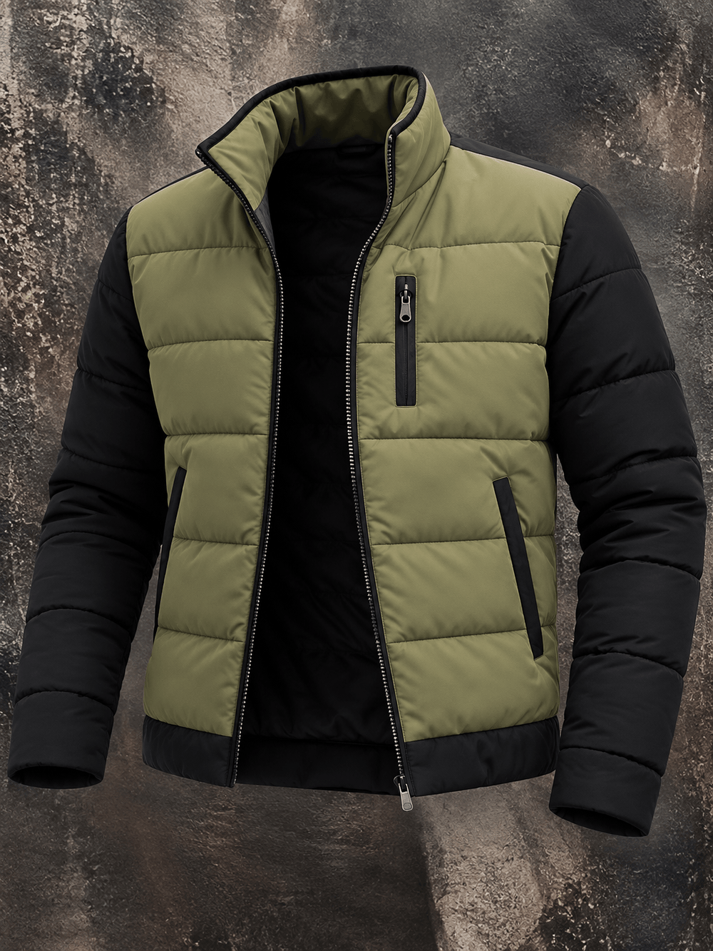 Men's Puffer Jacket with Full Zip and Stand Collar