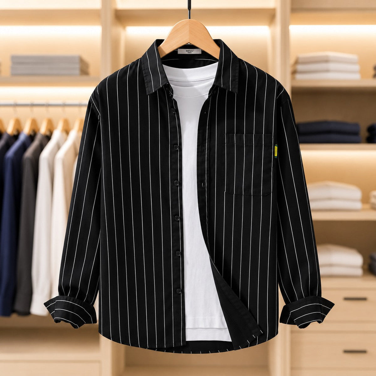Unisex Vertical Stripe Long-Sleeve Overshirt Jacket