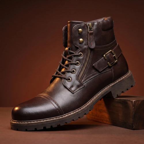 Unisex Biker Boots with Buckle Strap and Side Zip