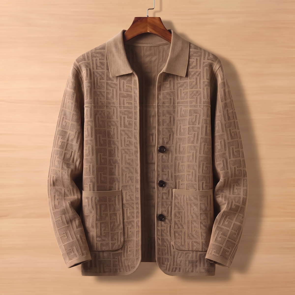Unisex Jacquard Knit Cardigan with Button Front and Collar