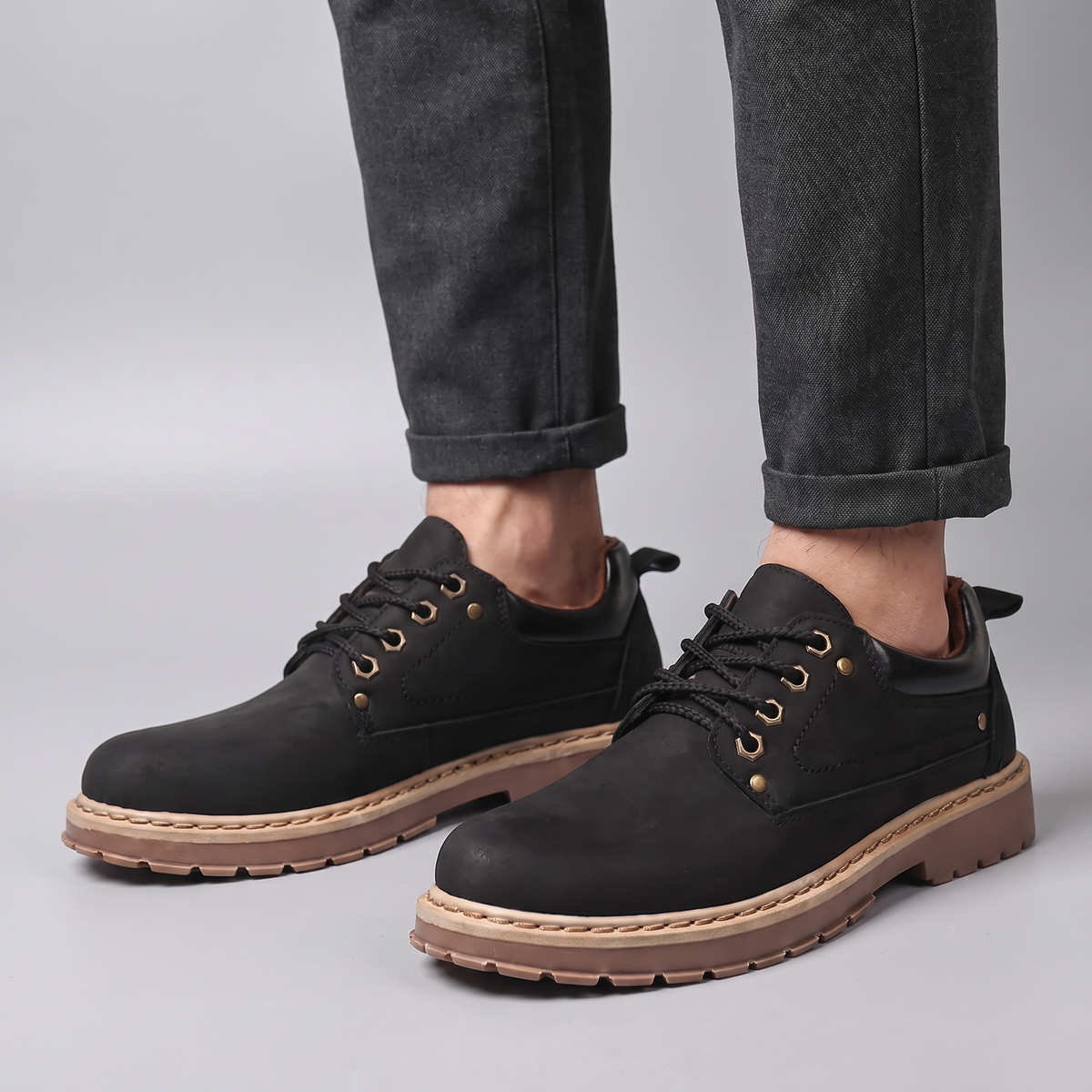 Unisex Leather Boots with Lace-Up Front and Rubber Sole