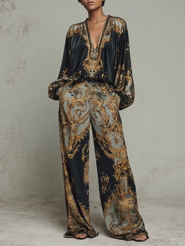 Women's Clothing Set with Floral Print and Wide-Leg Trousers