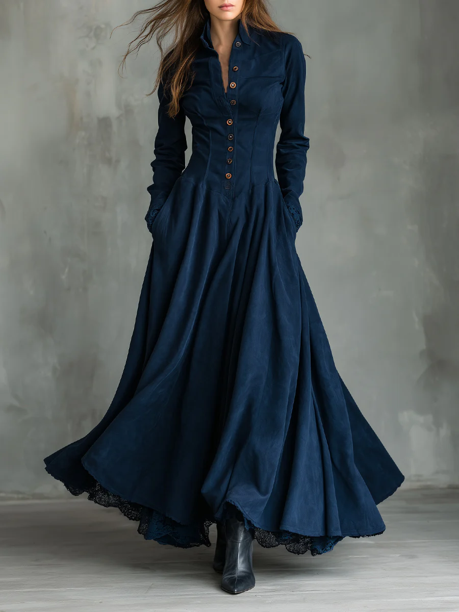 Women's Maxi Dress with Shirt Collar and Lace Trim