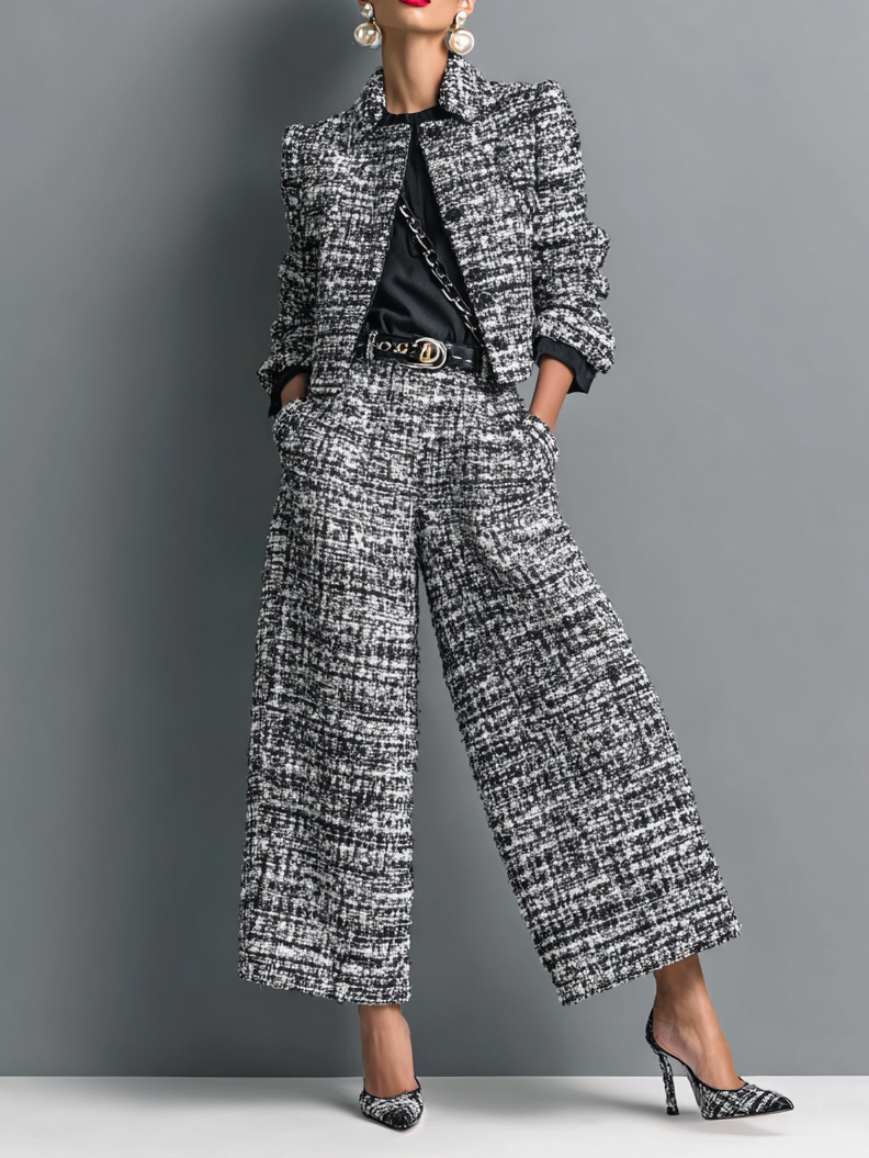 Women's Clothing Set with Long-Sleeve Jacket and Wide-Leg Pants