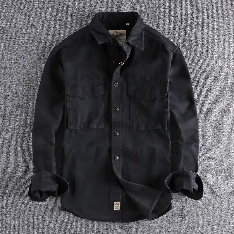 Unisex Long-Sleeve Cotton Twill Shirt with Double Pockets