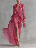 Women's Long Dress with V-Neck and Tie Waist