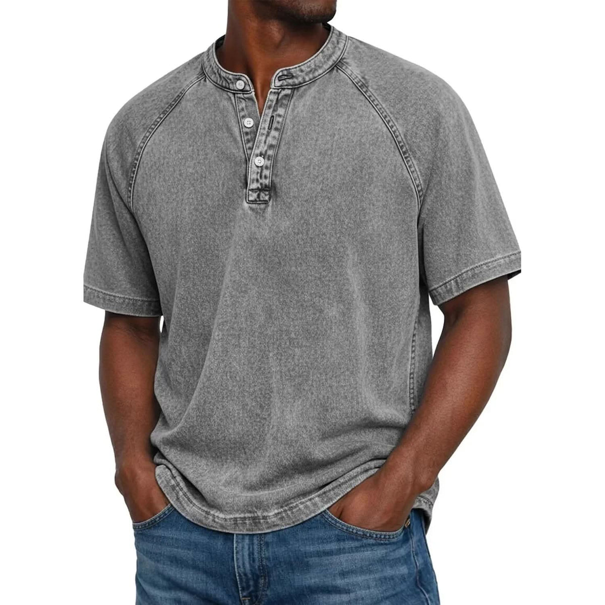 Unisex Loose-Fit Cotton T-Shirt with Stand Collar