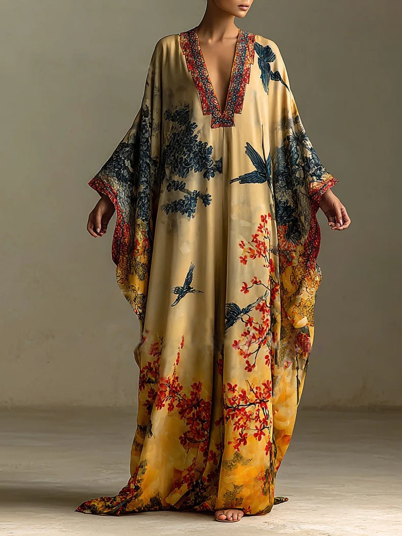 Women's Floral Art Print Batwing Sleeve Robe Dress