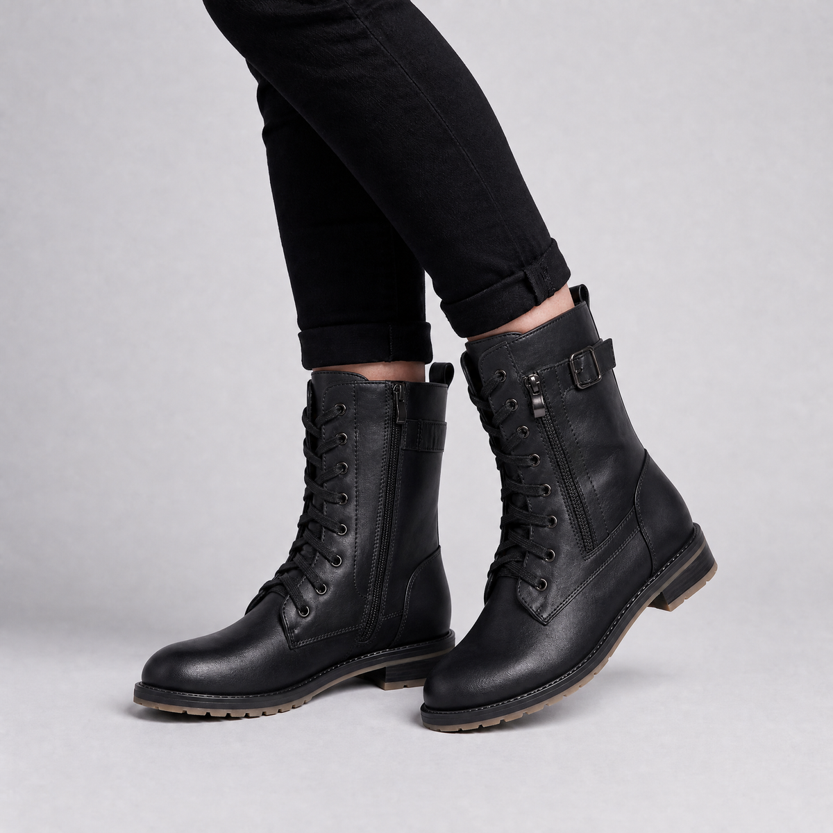 Unisex Mid-Calf Boots with Lace-Up Front and Buckle Details