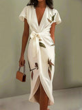 Women's Dress with Leaf Print, V-Neck and Wrap Design