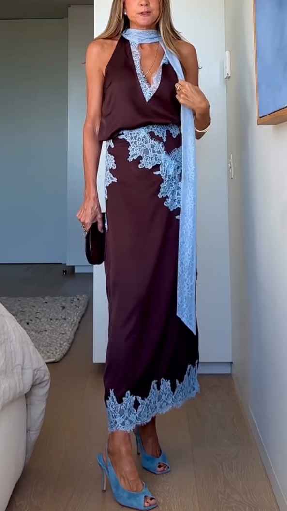 Women's Lace Panel Top and Skirt Set