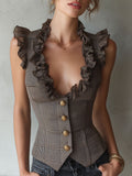 Women's Vest with Houndstooth Pattern and Ruffle Trim