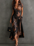 Women's Abstract Print Wrap Midi Dress with V-Neck