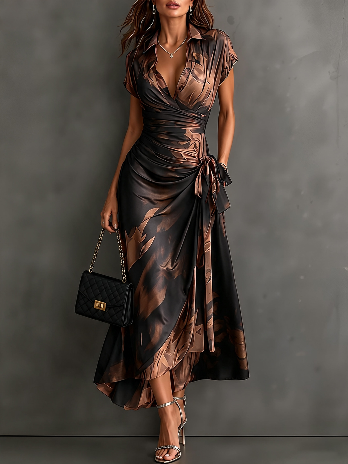 Women's Abstract Print Wrap Midi Dress with V-Neck