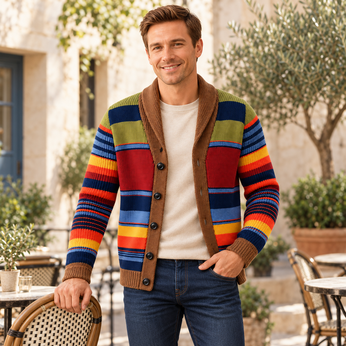 Men's Striped Knit Cardigan with Shawl Collar
