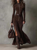 Women's Maxi Dress with Zipper Front and Belt