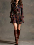 Women's Plaid Mini Dress with Lapel and Belt