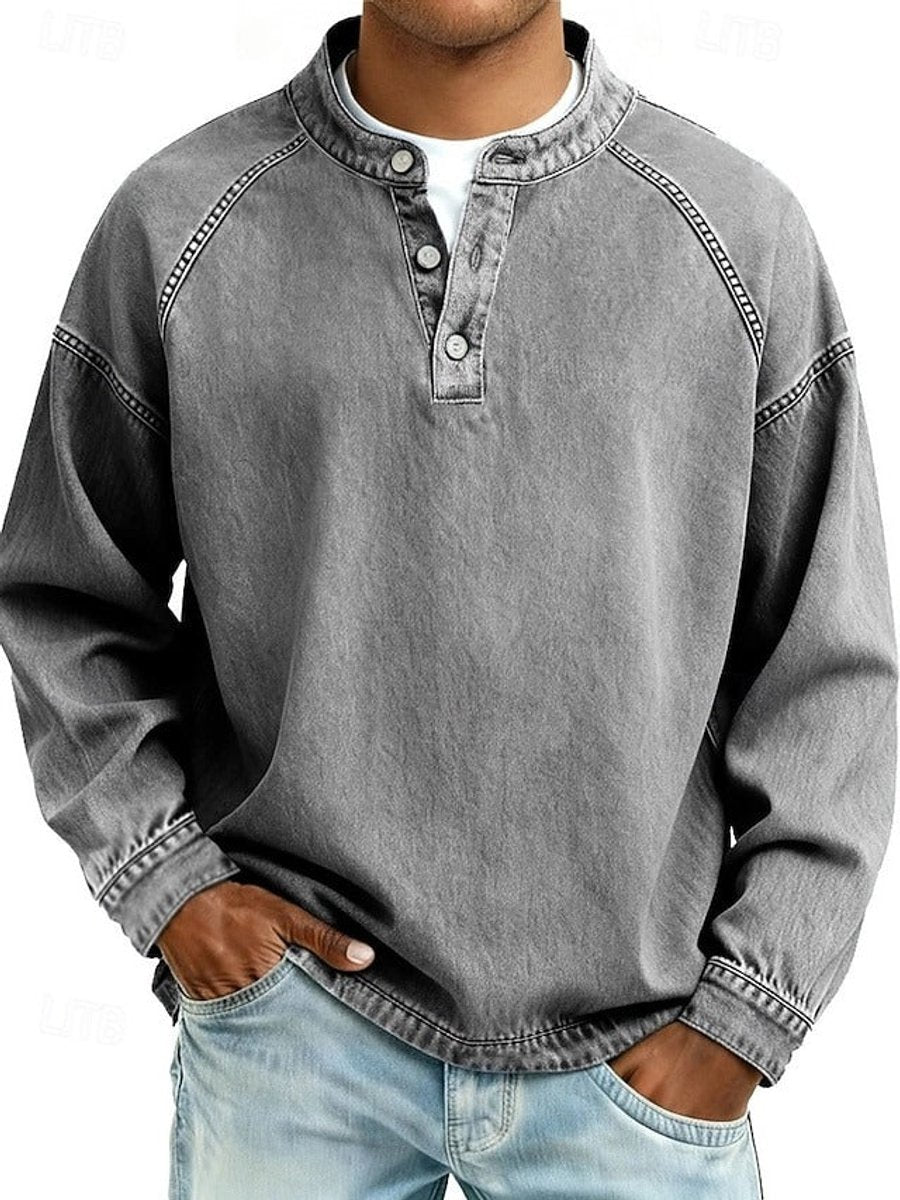 Men's Henley Shirt with Raglan Long Sleeves and Washed Finish