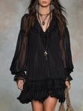 Women's Dress in Black Chiffon with V-Neck and Lantern Sleeves