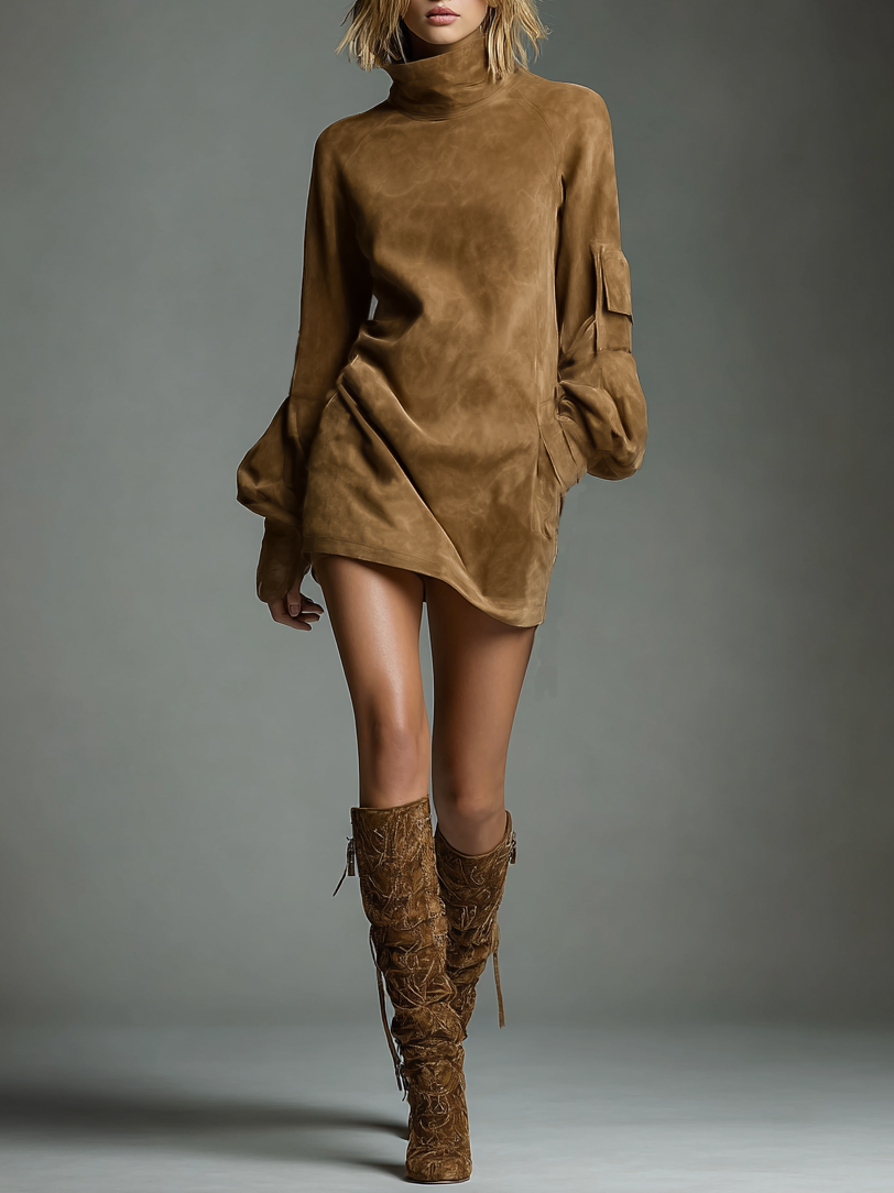 Women's Faux Suede Turtleneck Mini Dress