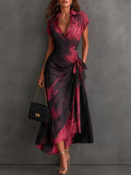Women's Wrap Midi Dress with Abstract Print and Shirt Collar